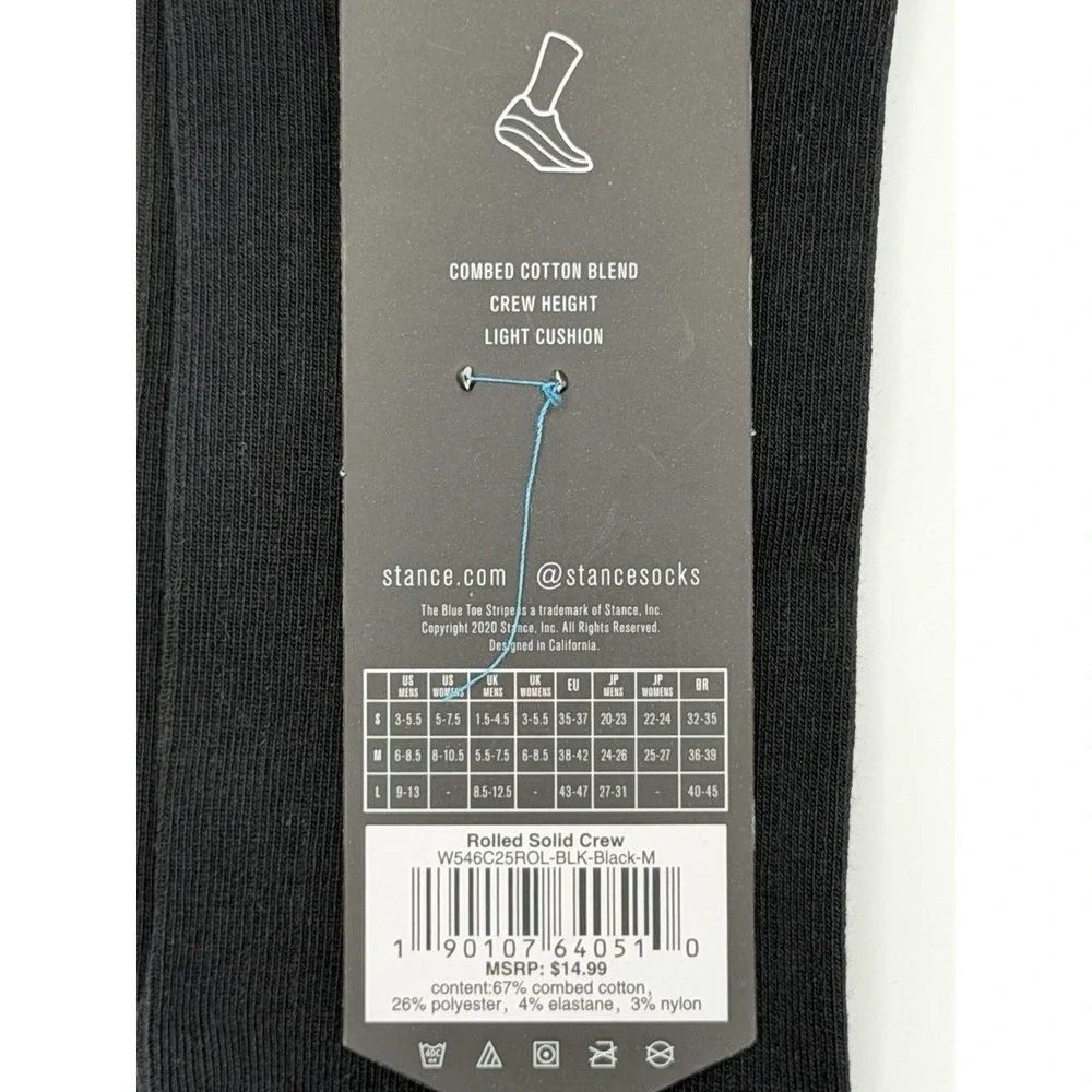 Stance Rolled Solid Crew Socks Black Womens Medium W546C25ROL NWT